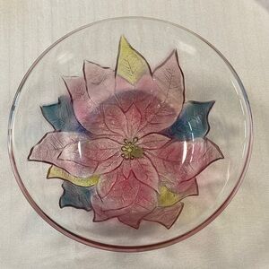 VTG Aderia Glass Bowl Lrg 10 3/4" x 4" Poinsettias Christmas Holiday JAPAN MADE